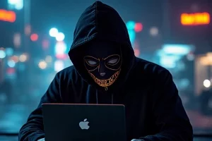 Imagen representativa de estafa en línea: persona con capucha y máscara, simbolizando el anonimato en fraudes digitales.