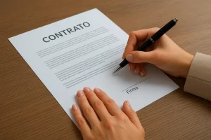 Manos de una mujer firmando un contrato en una mesa de madera con el título Contrato