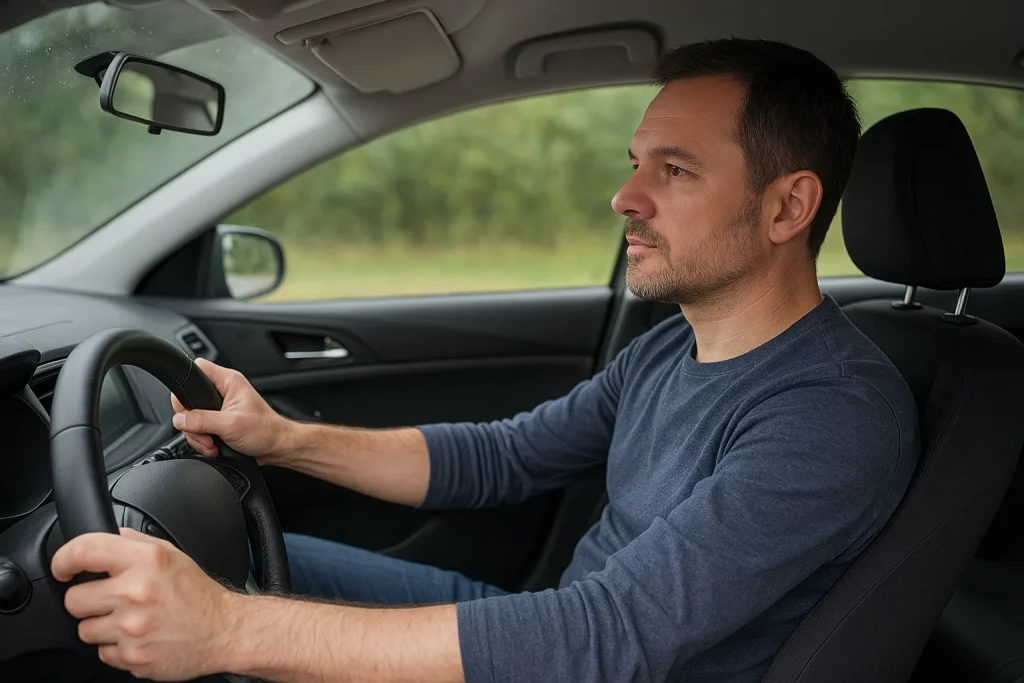 Hombre conduciendo un coche en carretera con actitud responsable