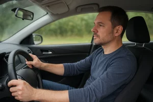 Hombre conduciendo un coche en carretera con actitud responsable