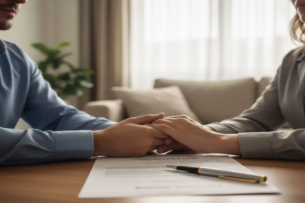 Una pareja sosteniéndose las manos mientras revisa un documento de divorcio