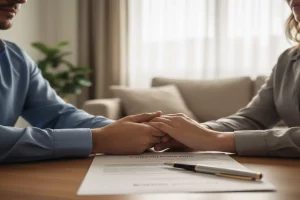 Una pareja sosteniéndose las manos mientras revisa un documento de divorcio